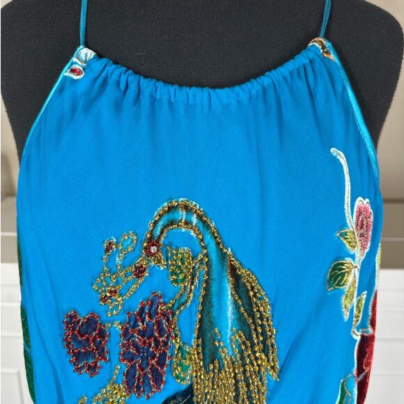 Lane Bryant Embellished Peacock Silk Halter Tank Top Size 22 Fairycore Velvet - Picture 2 of 13